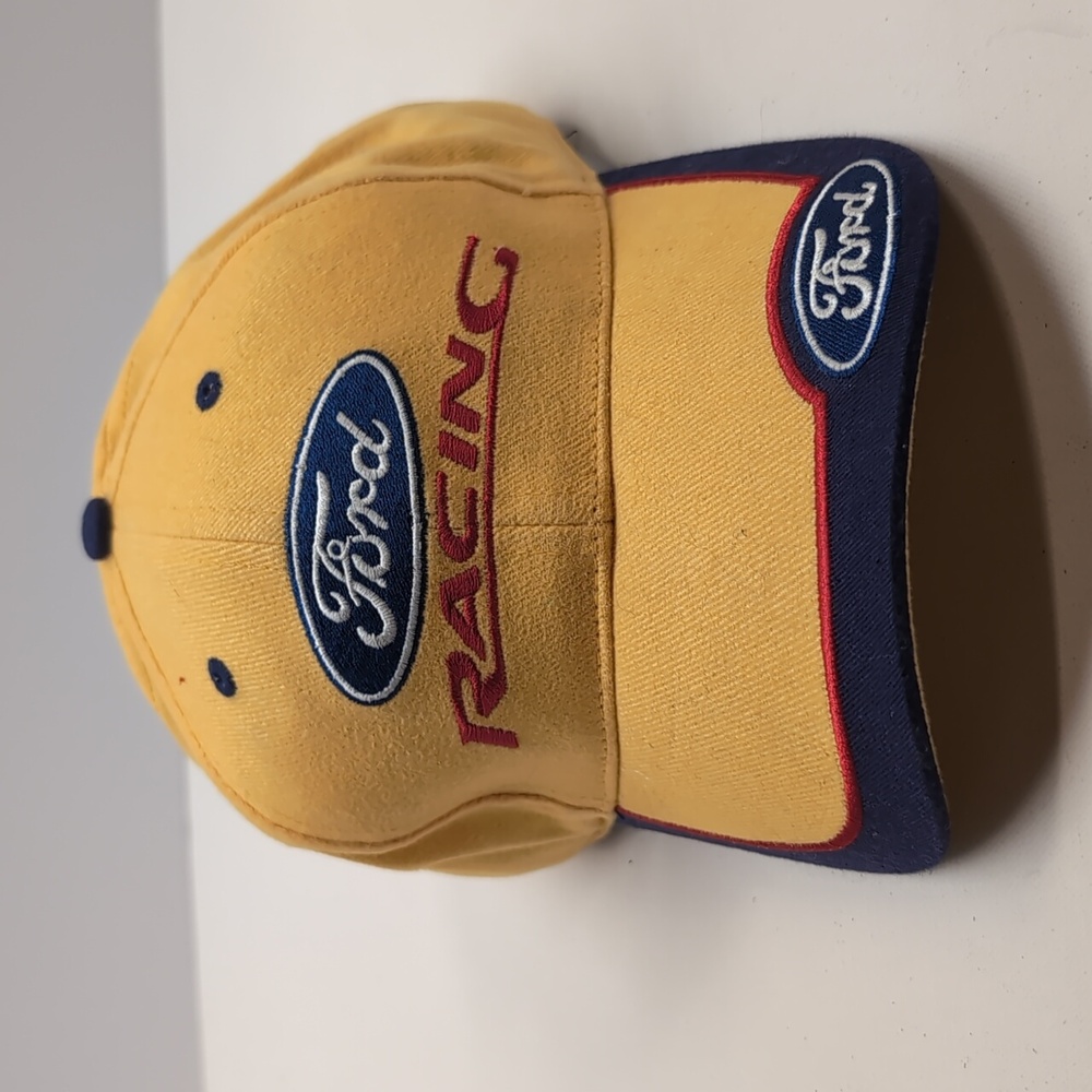 VTG Ford Racing Hat Strapback Yellow Blue Embroidered Logo Cap Adjustable NASCR